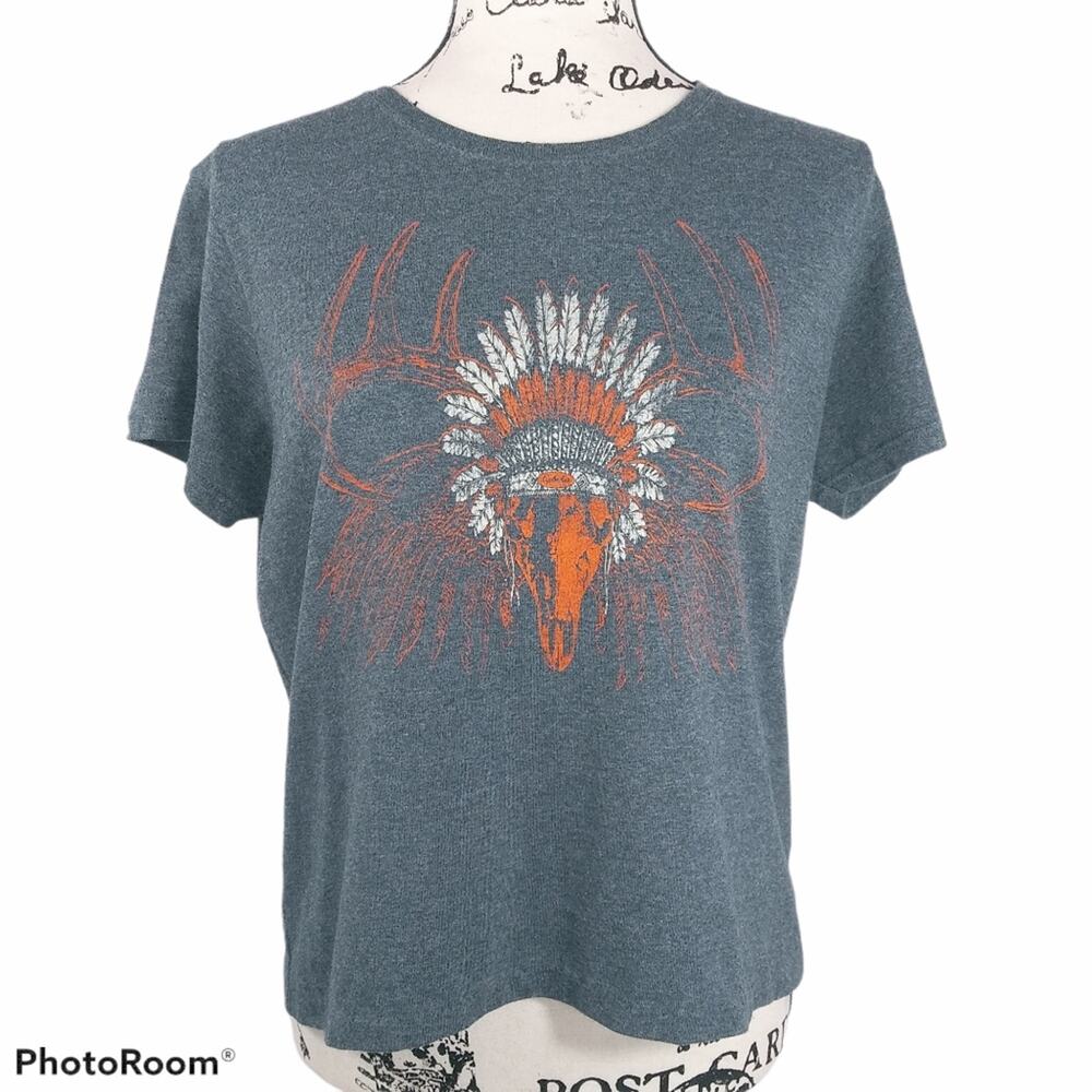Cabelas Blue Crop Top Deer Skull Headdress Size L